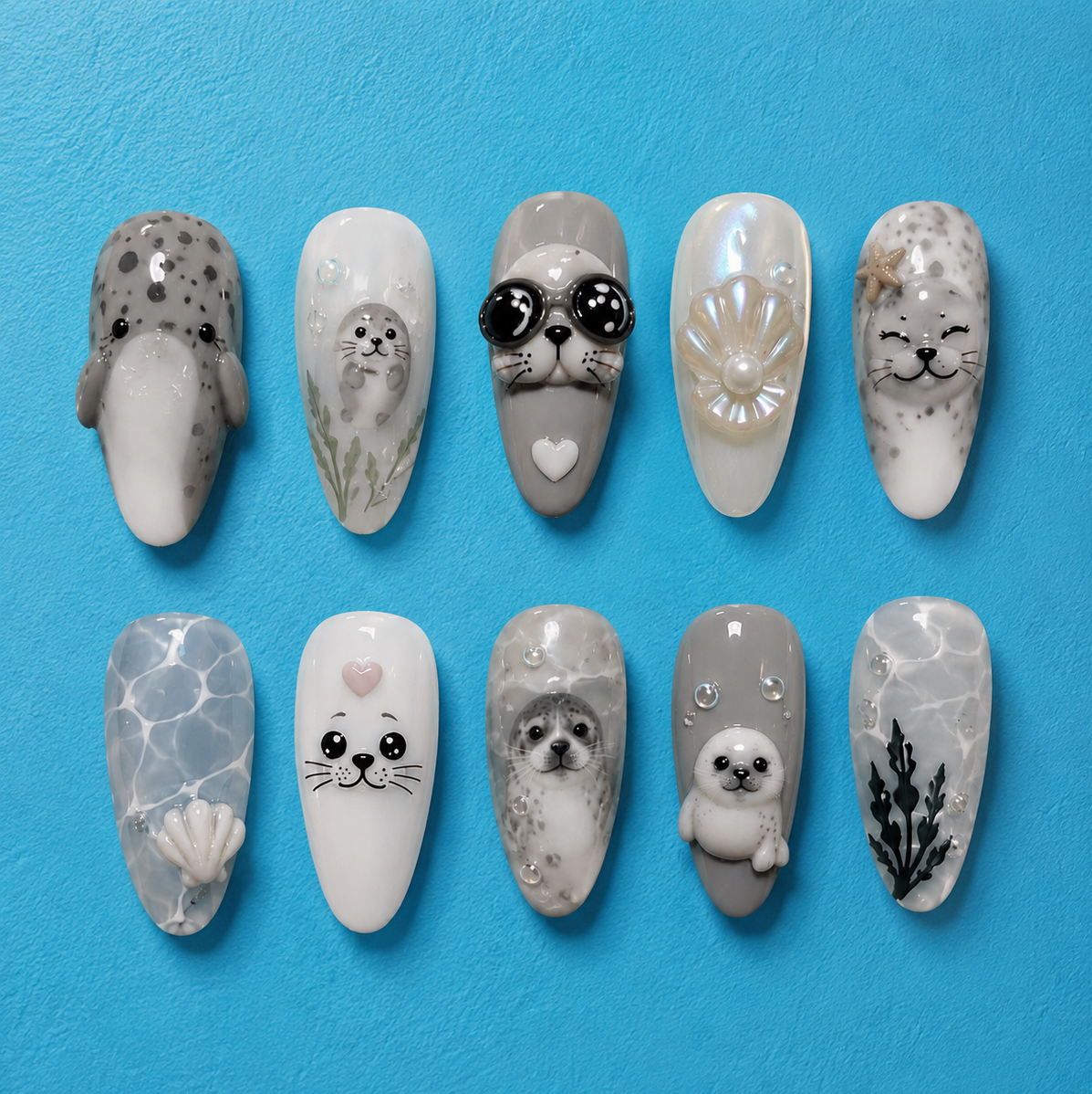Cute Baby Seal Ocean Pearl 3D Press On Nails