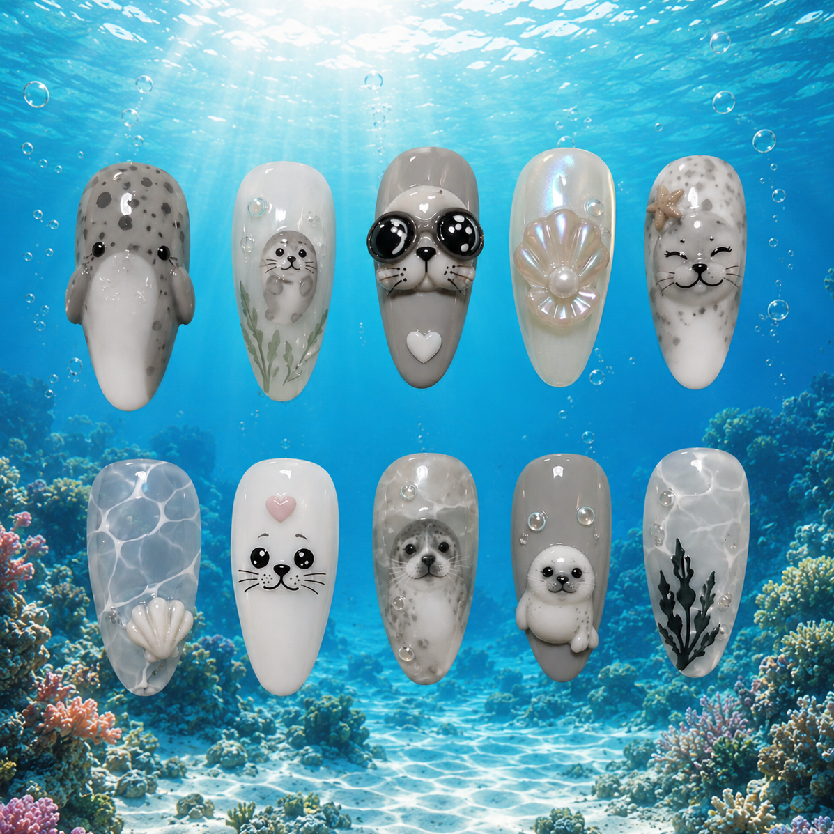 Cute Baby Seal Ocean Pearl 3D Press On Nails