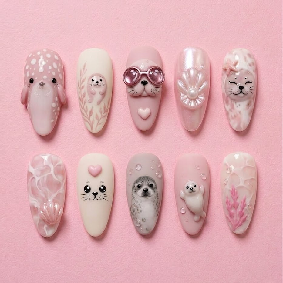 Pink Baby Seal Ocean Pearl 3D Nail Art